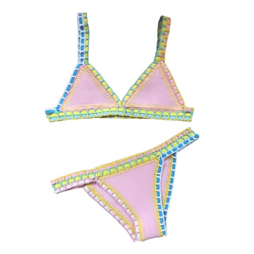 Ensemble Bikini Crochet pour Femme -Maillot De Bain Deux Pièces Sexy pour Femme, Vêtements De Plage, Col en V, Tricoté À La Main, Style Vintage, Rose, Taille S