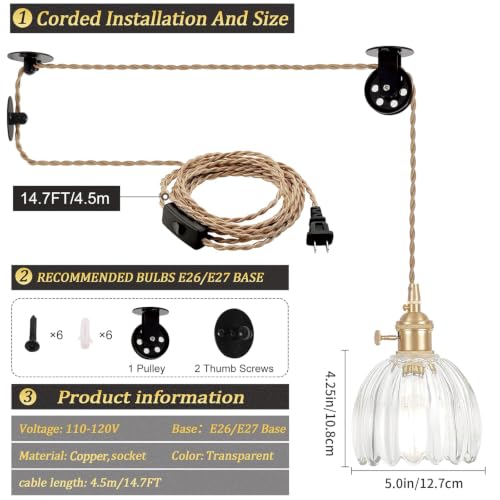 Image of Shenmoyl Plug in Pendant Light Hanging Light Fixture Corded On /Off Switch Brass Pendant Light with Clear Tulip Glass Lampshade for Bedroom Living Room Kitchen Island