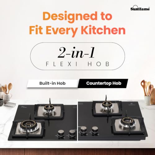 Image of Sunflame 4 Burner Built-In & Countertop Flexi Hob 86 cm Wide | 1 Large, 1 Medium, 2 Small Brass Burner | 5 Year Glasstop Warranty by Sunflame | Auto-Ignition | Ultra-Slim | Cast Iron Pan Support