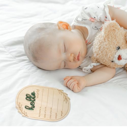 Image of Baby Announcement Sign, 5.9 Inch Wooden Hello World Newborn Signs Birth Baby Name Plaques Birth Announcement Sign for Newborn Boys and Girls Photo Prop Ba-by Shower Hospital Nursery Gift