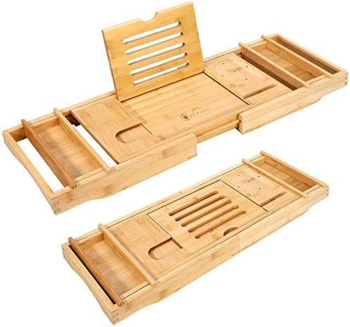 Vinsani Luxury Bamboo Bathtub Caddy Extendable Bath Tray Eco-Friendly Adjustable Bathroom Organiser Table Features Book Tablet Wine Glass Phone Candle Holder Compact and Fits Most Bathtub Sizes