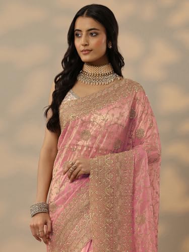 Image of Libas Embroidered Nylon Saree for Women With Unstitched Blouse Piece | Traditional Saree for Festive & Wedding