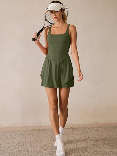 Image of Caracilia Women Tennis Golf Dress with Pocket | Square Neck 2 Layers Hem, Built in Shorts and Bra, Workout Athletic Active Gym, Summer Clothes