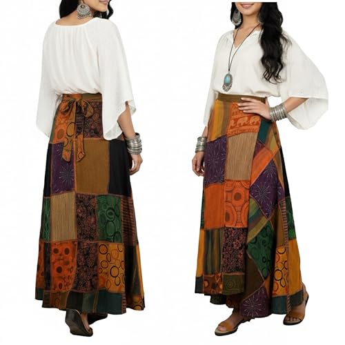 Image of Agan Boho Maxi Wrap Skirt for Women, Tie Dye Cotton Long Flowy Summer Skirt