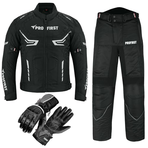 Motorcycle suits for men 2 piece Motorcycle Waterproof Cordura Fabric Suit Motorbike Jacket Trouser & Gloves Fully Protective Clothing Set for Riders - All Weather (Black, XL)