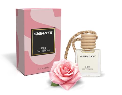 Image of Signate Car Perfume with Essential Fragrance Oils | Car Air Freshener Car Accessories for Interiors, car fresheners with Automatic Dispenser Wooden Lid - 15ml (Rose)