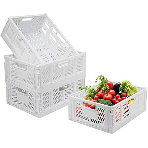 4-Pack Folding Storage Boxes Crate Collapsible Plastic Drawer Organizer , Stackable Shelf Storage Basket Food Fruit Vegetables Bottles Toy Organiser Baskets for Home Office Bedroom Kitchen -White Cover