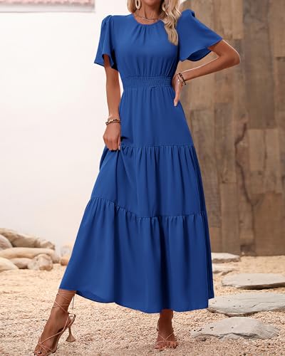Image of PRETTYGARDEN Women's Casual Smocked Boho Floral A-Line Maxi Dress 2026 | Summer Short Flutter Sleeve Crewneck Tiered Long Sundress,Fall Wedding Guest Dresses,Spring Cute Flowy Beach Vacation Clothes
