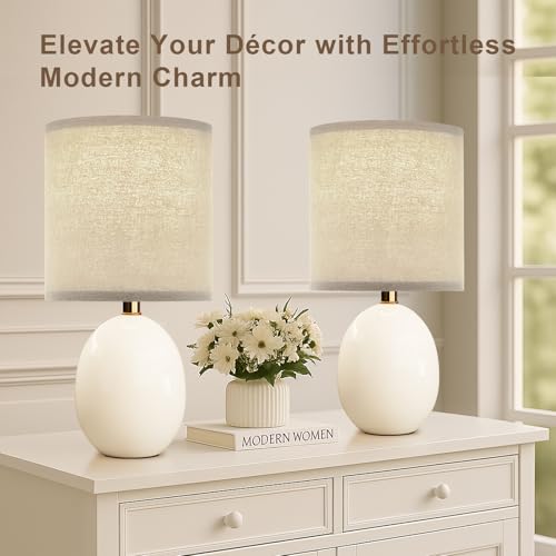 Image of Dawnwake 17.3 inch Table Lamp Set of 2 for Living Room Bedroom, Bedside Lamps for Night Stands, Desk Nightstand Lamp Dimmable, Modern Linen Cream Ceramic Lamps (White-B)