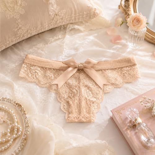 Image of sasiga Women Lace Bow Thongs,T Back Low Waist Panties Sexy V-Shape Design Floral Lace,Breathable Panties for Women 3-Pack