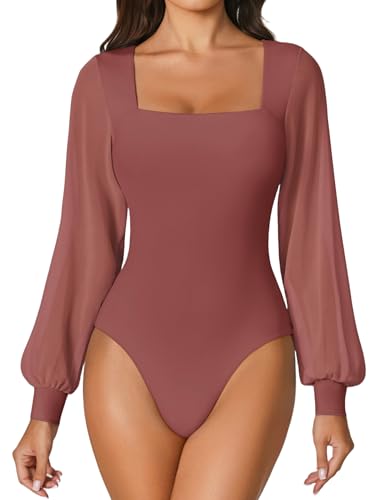 Avidlove Women Puff Long Sleeve Bodysuit Mesh Square Neck Thong Sexy Body Suits Double Lined Leotards