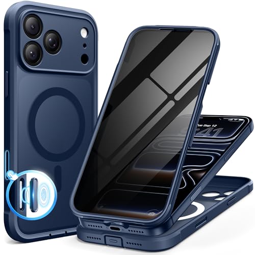 BERFY for iPhone 17 Pro Max Case Compatible with MagSafe Built-in Privacy Screen Protector Camera Protection Shockproof Full Body Phone Case 6.9 Translucent Blue