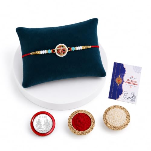Image of Oblivion Rakhi For Brother Set of 1 - Elegant Mahadev Ji With Beads Thread Designer Rakhi with Tilak Set, Greeting Card and Silver Colour Coin - Traditional Raksha Bandhan Combo for Bhai (Pack of 4)
