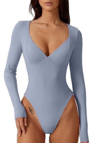 Image of QINSEN Women's Long Sleeve Bodysuit V Neck Body Suits Seamed Cup Going Out Tops Shirt