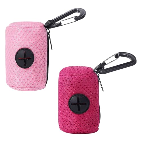 2 Pezzi Porta Sacchetti per Cacca per Cani, Sacchetto per Rifiuti per Animali Domestici con Cerniera e Attacco, Porta Sacchetti per Cacca per Cani Appendibile per Passeggiate Escursionismo (Rosa