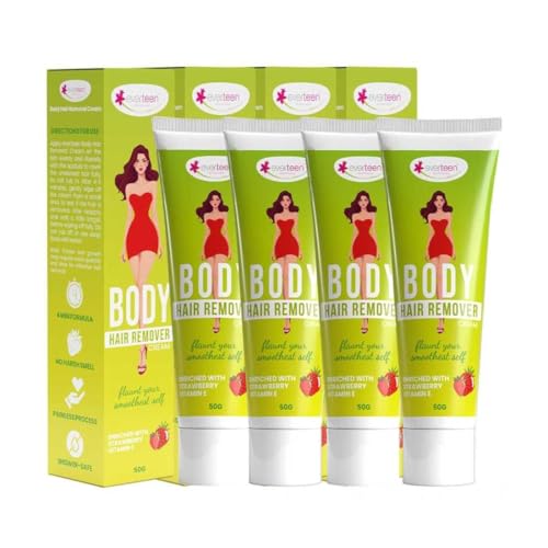 Image of everteen Strawberry Hair Removal Cream for Women 4 x 50g, Suitable for Legs, Hands, Underarms & Back, Painless Hair Remover Cream for Girls with Spatula, All Skin Types - Pack of 4