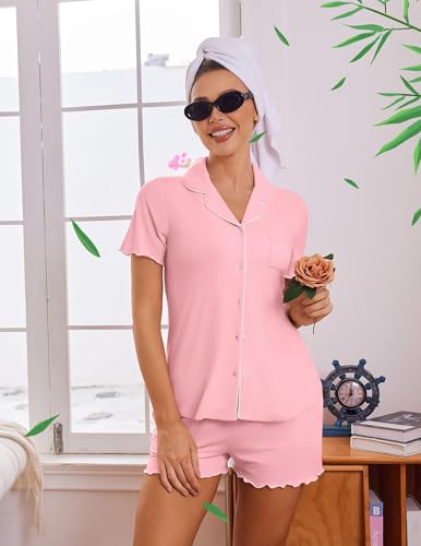 Image of Ekouaer Viscose from Bamboo Women Pajama Sets Button Up Cooling Pjs Short Sleeve Ruffle Sleepwear 2 Piece Lounge Shorts Set