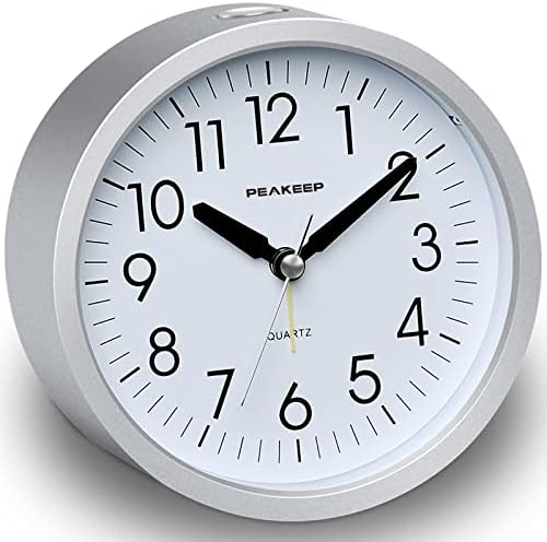 Peakeep 4 inches Round Silent Analog Alarm Clock Non Ticking, Gentle Wake, Beep Sounds, Increasing Volume, Battery Operated Snooze and Light Functions, Easy Set (Silver)