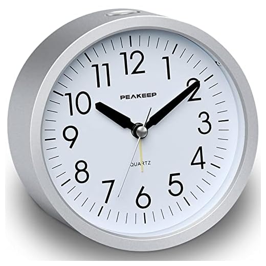 Peakeep 4 inches Round Silent Analog Alarm Clock Non Ticking, Gentle Wake, Beep Sounds, Increasing Volume, Battery Operated Snooze and Light Functions, Easy Set (Silver)