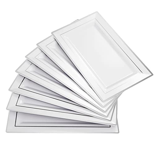Sut 12 Pack White Plastic Serving Trays With Silver Rim, 13 X 8 Inch Rectangle Food Tray, Disposable Platters Cookie Serving Trays For Party, Silver Plastic Serving Platters Food Wedding And Birthday #TOP15