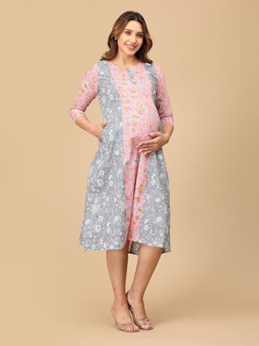 Image of The Mom Store Maternity and Nursing Dress | Pre and Post Pregnancy Dress for Womens | Zipper /Button Opening | Causal Wear | Trendy Stylish Causal Dresses for New Moms