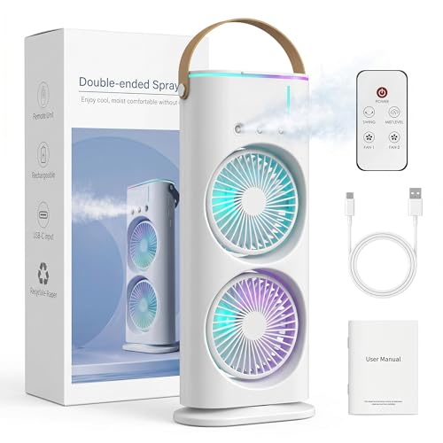 Image of Mini Air Cooler USB Rechargeable Fan with Spray Mist & Remote