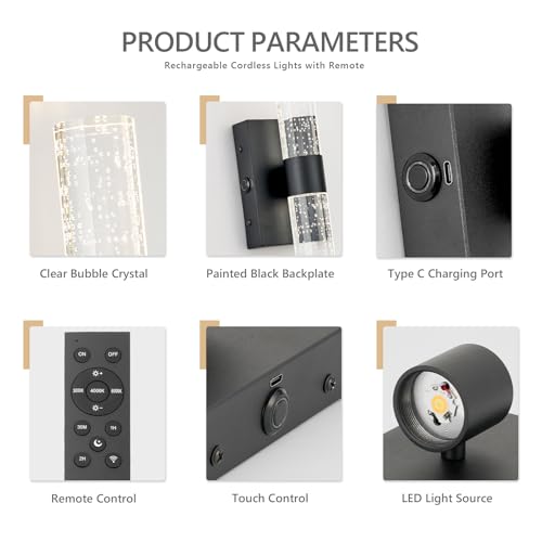 Image of Battery Operated Wall Sconces Set of 2, 20000mAh Rechargeable Wall Light | Remote Control 3000K-6000K Dimmable LED Wireless Sconces,Black,15.6 Inch