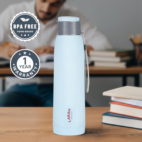 Image of Larah by Borosil 700 ml Lava Sky Blue Stainless Steel Water Bottle | Made in India Pu Insulated Thermoware | Leakproof, BPA Free| Bottle for Office, School, College & Gym, Daily Use | 1 Year Warranty