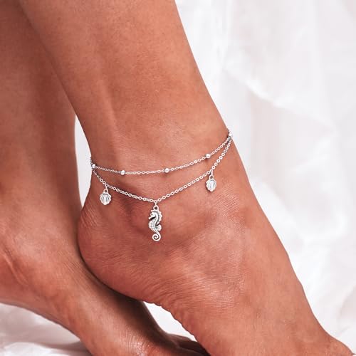 Image of CHIC & ARTSY 925 Sterling Silver Ankle Bracelets for Women, Adjustable Layered Foot Chains with Nature & Symbol Charms, Lightweight Comfort Fit Boho Beach Everyday Jewelry
