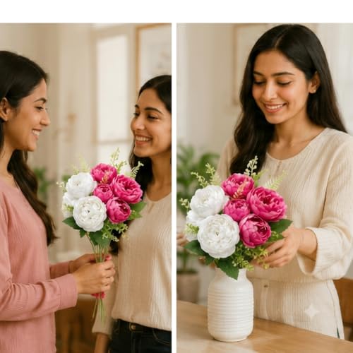 Image of CURATED CART 2 Bunch Artificial Peony Rose Flower Bouquet (Pink & White) | 10 Flower Heads, for Home Decor, Office, Bedroom, Balcony, Table Display, Wedding Decoration (Without Vase Pot)