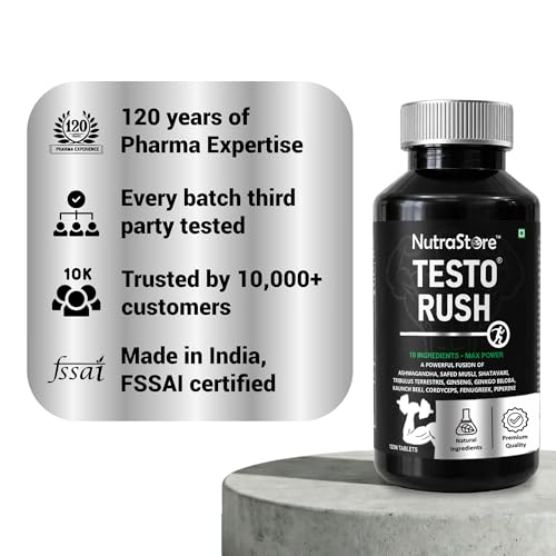 Image of NutraStore TestoRush | Testosterone Supplement for Men | Blend of 10 Powerful Herbs Including Ashwagandha, Safed Musli, Ginseng, Tribulus & Cordyceps | Energy Booster & Stamina Booster for Men | Daily Health Supplement | 120 tablets