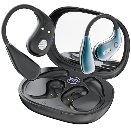 Open Ear Headphones Bluetooth 5.4 Bone Conduction Wireless Earbuds with LED Display Charging Case Makeup Mirror Open Earbuds Ultra-Light Sports Earphones with Secure Fit Sweatproof for Sport, Driving