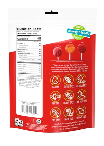 YumEarth Organic Lollipops, Assorted Flavors, 4.3 Ounce, 20 Lollipops - Allergy Friendly, Non GMO, Gluten Free, Vegan