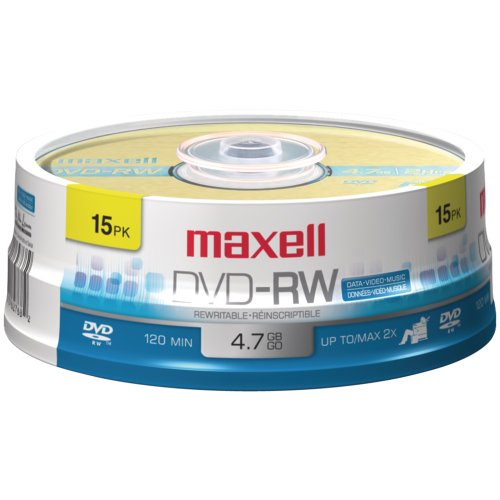 Maxell 635117 DVD-RW Discs, 4.7GB, 2X, Spindle, Gold, 15 Pack