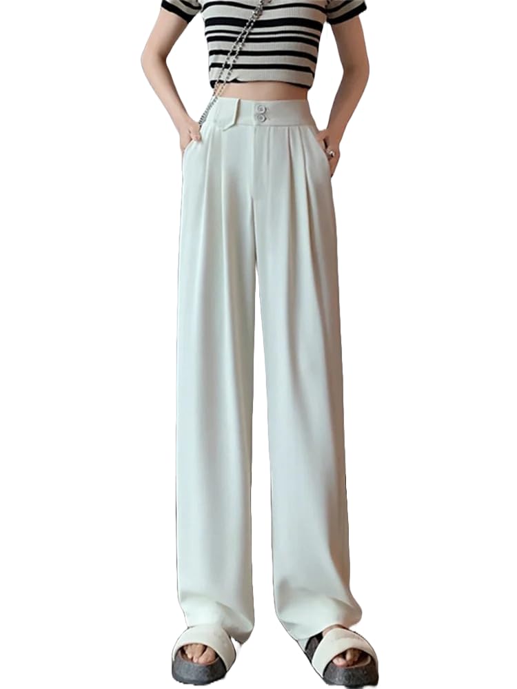 Womens Wide Leg Suit Pants - High Elastic Waist Fashion Straight Pants with Belt - Elegant Casual