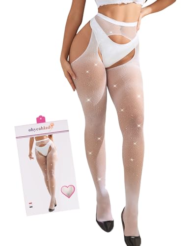 ohyeahlady Collant Resille Ouvert à L'Entrejambe Grande Taille Collant Fantaisie Strass Porte Jarretelle Bas Resille Sexy Pute Autofixant Tenu Lingerie Et...