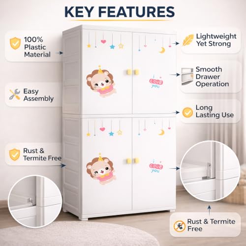 Image of AYSIS Kids Plastic Collapsible Wardrobe Organizer for Storage with Drawers | Cute Cartoon Design | Heavy Duty Cloth Organizer for Storage | Easy to Assemble | Perfect for Kids Room & Home | White