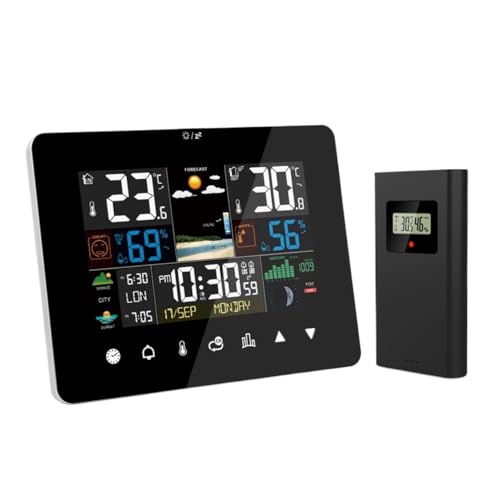KUMIAN Weather Stations, Sunrise and Sunset Weather Station Multi-function Alarm Clock Thermometer Hygrometer Touch Screen Operation with Wireless Sensor,for Home Office Gifts