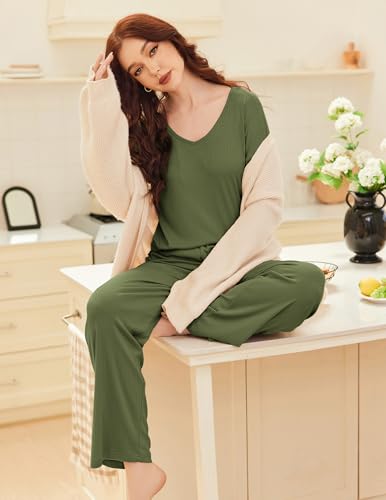 Ekouaer Womens Ribbed Knit Pajamas Set V Neck Long Sleeve Pj Set 2 Piece Loungewear Casual Sleepwear