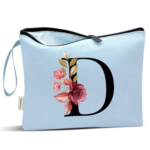 Image of Vavabox A-Z Personalized Makeup Bag, Birthday Gifts for Women Mom, Gifts for Best Friend, Bride Bridesmaid Cosmetic bag (D, Blue)