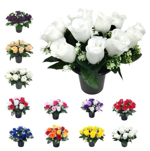 Mr. Barry's Rose Fleurs artificielles dans des pots de fleurs de tombe – Design réaliste, résistant aux UV et durable pour cimetière, présentations de tombe, funérailles, hommages commémoratifs