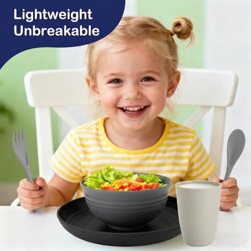Image of 20 PCS Wheat Straw Plates and Bowls Sets,Kids Dishes Dinnerware Sets for 4,Unbreakable Kitchen Plates and Bowls Set for Travel Dishwasher & Microwave Safe Lightweight Dishes Set - BlackGrey