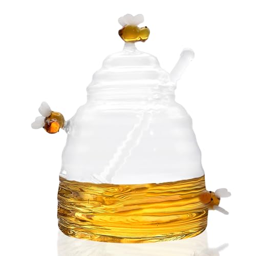 Malben Glass Honey Jar; Glass Honey Pot with Lid and Glass Dipper; Cute Bee Design