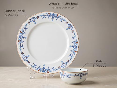 Image of Bodhi House Premium Porcelain Dinner Set 12 Pieces Serving for 6 | Royal Crest Design | Microwave & Dishwasher Safe | Crockery Set | Dinnerware Set for Home, Dining, Kitchen & Gifting