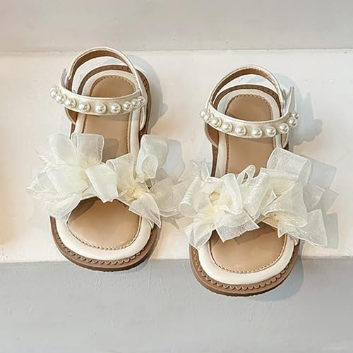 Girls Summer Sandals Mesh Pearl Beaded Ankle Strap Soft Sole Flats Open Toe Bow Flower Pump Dress Wedding Shoes2