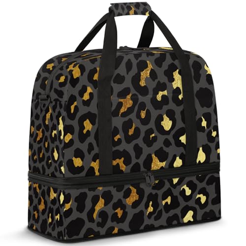 Large Travel Duffel Bag for Women Men Abstract Black Gold Leopard Print Gym Bag Weekender Overnight Bags With Shoe Compartment Foldie Travel Tote Bag Carry On Personal Item Bag for Travel Gym Sports
