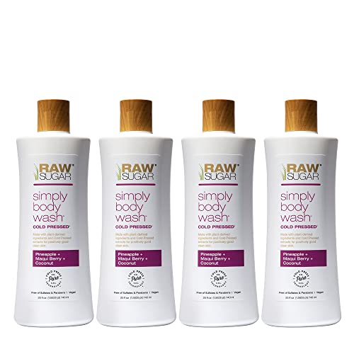 RAW SUGAR Simply Body Wash - Pineapple + Maqui Berry + Coconut, Moisturizing & Brightening Bath & Shower Gel, Sulfate-Free, Paraben-Free & Vegan (Pack of 4)