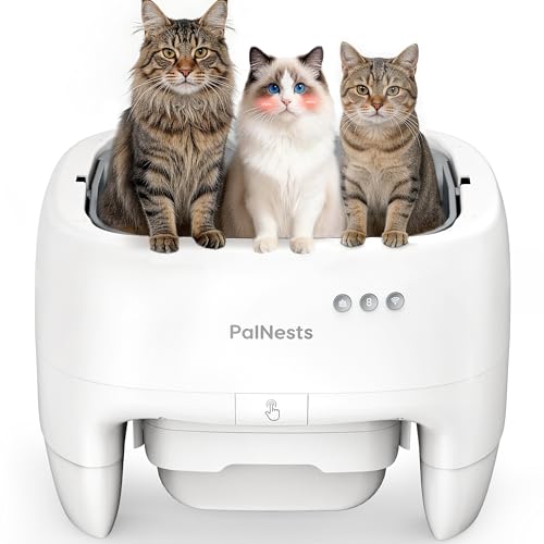 PalNests Self Cleaning Cat Litter Box, Open Top Automatic Litter Box for Multi-Cat Homes, Safety Sensors with App Control, Large Capacity, Odor Control, Includes Waste Bags & Litter Deodorizer, White
