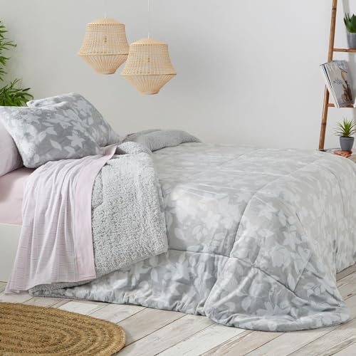Burrito Blanco Edredón Nórdico Gris y Blanco | Edredón para Cama 90 (+ Medidas Disponibles) | Borreguillo | Invierno con Tacto Suave | Colcha de Invierno | Diseño de Hojas