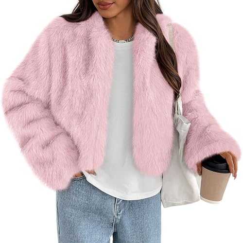 PRETTYGARDEN Womens 2026 Winter Coats Fluffy Cropped Faux Fur Jacket Long Sleeve Open Front Shaggy Outerwear Trendy Clothes (Pink,Medium)